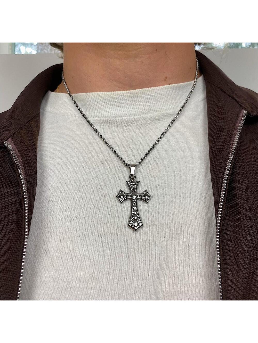 Stainless steel y2k style big gothic grunge silver cross pendant rope chain - Picture 3 of 8